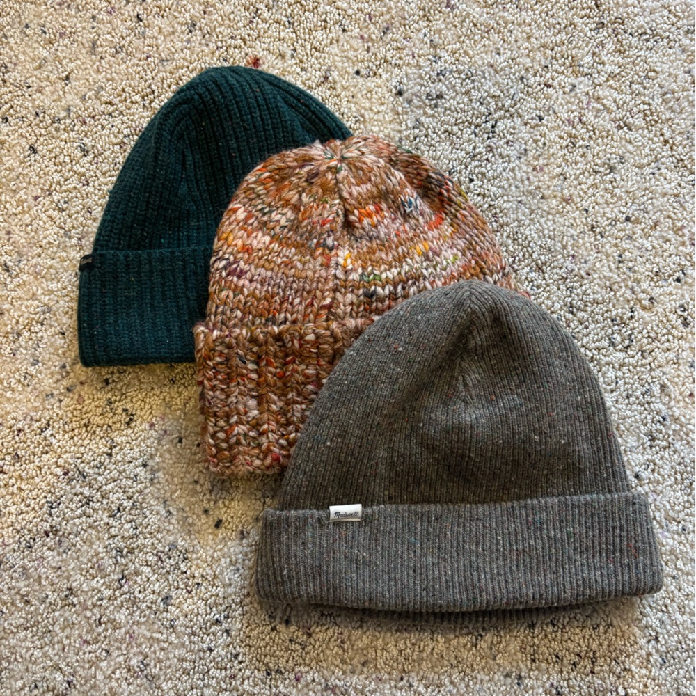 Madewell Knit Beanies in Green, Multicolor, and Gray